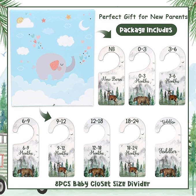 Baby Closet Dividers 8PCS, Mountain/Forest/Adventure Theme Wooden Double-Sided Clothes Size Hanger Organizer from Newborn to Toddler for Nursery Decor Baby Shower Birthday Gift