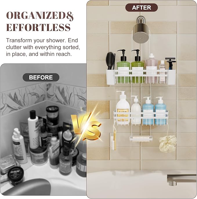 Shower Caddy Hanging for Bathroom Organizers and Storage, 3 Tier Adjustable Anti-Swing Shower Organizer hanging with Heavy-Duty Suction Cups, Damage-Free Rustproof (White)