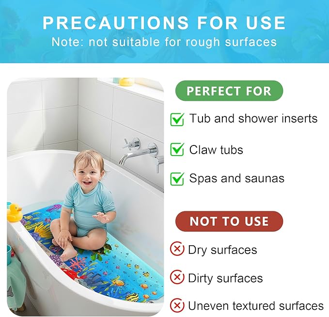 Upgrade Cartoon Baby Bath Mat Non Slip - 40"x16" Extra Long Bathtub Mat for Baby Eco Friendly Durable Bath Mat for Tub Non Slip Kids Tub Mat with Suction Cups, Machine Washable and No Fading, Turtle