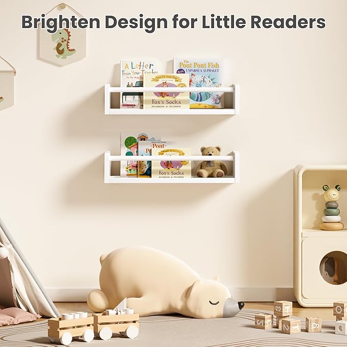 upsimples 2 Pack Nursery Book Shelves, 15.7 Inch Floating Bookshelves for Wall, Baby Nursery Decor, Small Solid Wood Wall Mounted Shelves for Baby Kids Boys Girls, White