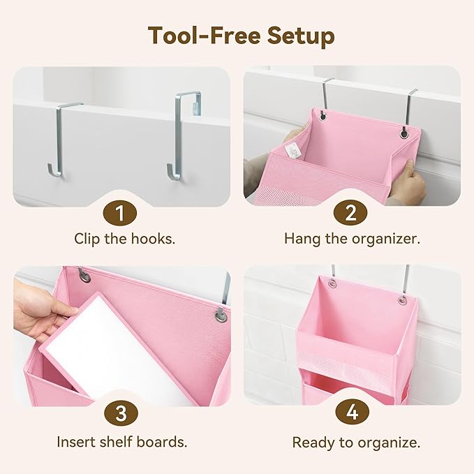 GRANNY SAYS Over The Door Organizer, 4-Shelf Behind The Door Storage with 6 Pockets, Waterproof 300D Oxford Fabric Hanging Organizer, Anti Tilt 35lb Load Shelf for Nursery, Kids Room, Bedroom, Pink
