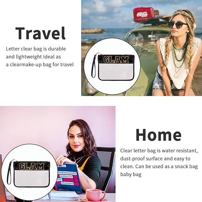 Iqimott Chenille Letter Bag Clear Flat Pouch, Monogram Glitter Letter Patch Makeup Cosmetic Bag Zipper Toiletry Pouch, Portable Travel Beach Snack Wristlet Bag for Women Girls(Black)