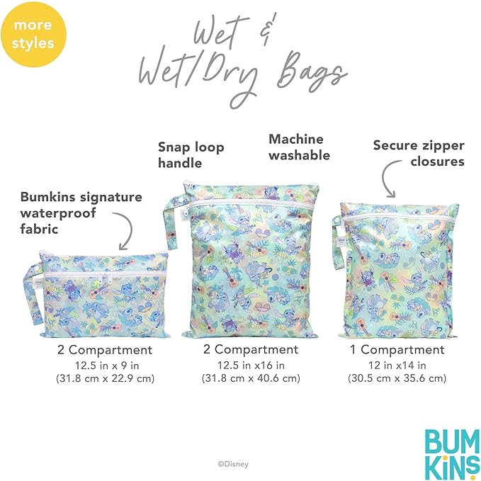 Bumkins - Waterproof Wet Bag - For Baby, Travel, Swim Suit, Cloth Diapers, Pump Parts, Pool, Gym, Toiletry, Strap to Stroller - Reusable & Easy to Clean - 2pk - Disney Stitch