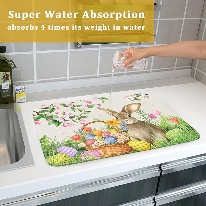 Easter Bunny Colorful Eggs Dish Drying Mat for Kitchen Counter,Spring Flowers Green Grass Drying Mat 18 x 24 Inch with High Absorbent Microfiber Drainer Mat for Coffee Bar
