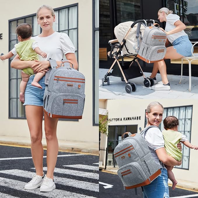 BILLITON MASHI Diaper Bag Backpack, Large Baby Nappy Bags with Portable Changing Pad for Boys and GirlsMultifunction Travel Baby Bag for Moms Dads, Shower Gifts Waterproof and Stylish,Grey