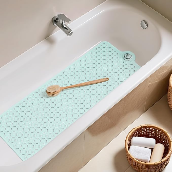 OTHWAY Bath Mat for Tub Non Slip: 39" X 17" Long Bathtub Mat with Hair Catcher│Big Drain Holes Shower Mats for Inside Shower│Machine Washable (Light Blue)