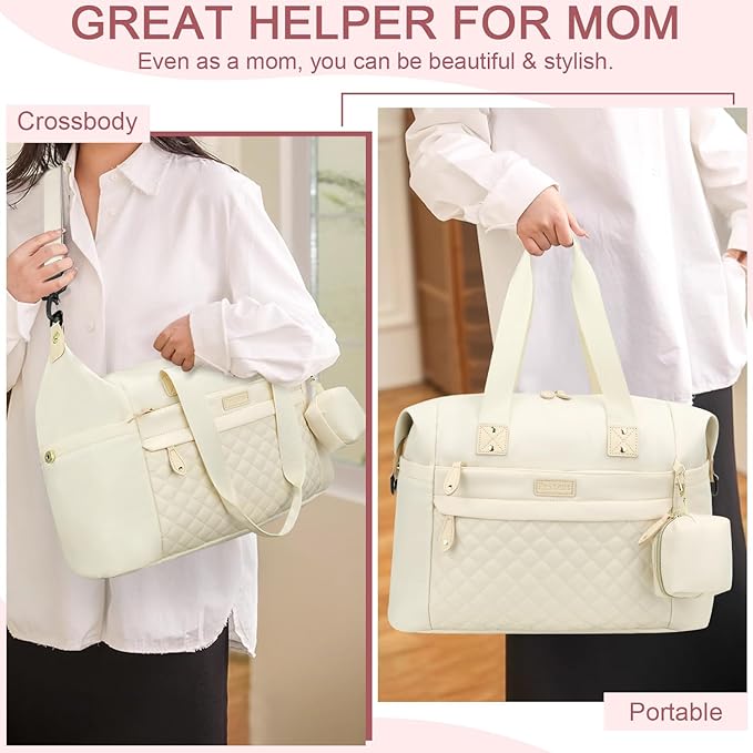 Pritent Diaper Tote, Baby Bags with Pacifier Case, Shoulder Straps, Stroller Clips, Waterproof Mommy Bag - Medium, White