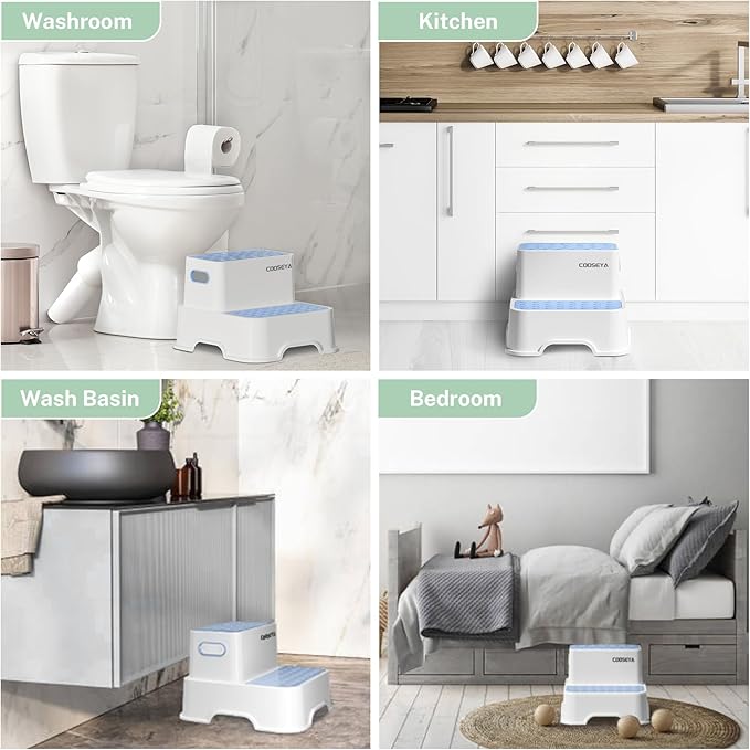 COOSEYA 2 Step Stools for Kids,Toddler Step Stool for Bathroom Sink,No-Slip Double up Stepping for Toddlers Bathroom, Multifunctional Toilet Potty Stool for Kids,Toilet Potty Training(2 Packs)(Blue)