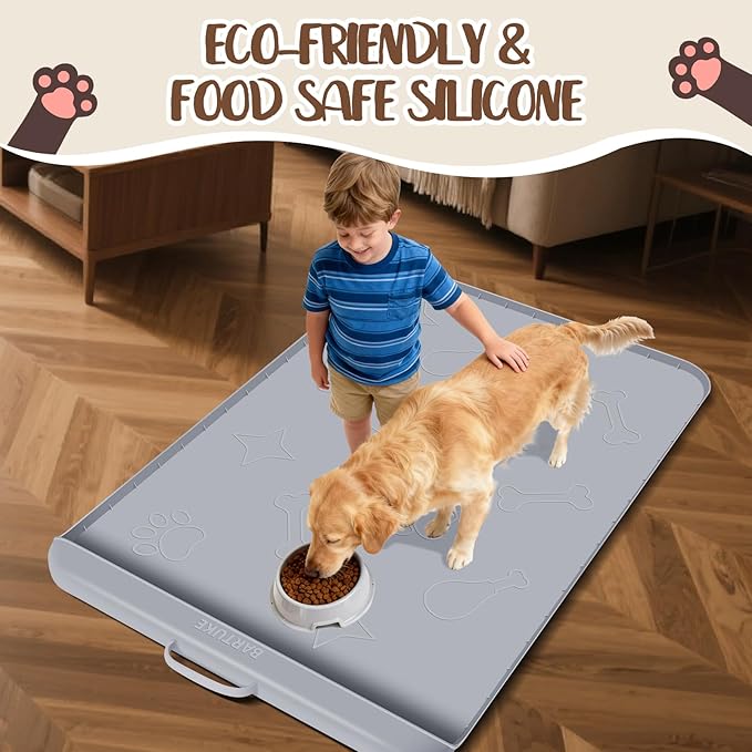 Bartuke Dog Food Mat with Collection Pocket, 42''x28'' Extra Large Silicone Pet Feeding Mat for Food and Water, Waterproof Anti-Slip Dog Mat with Edge and Handle, Pet Placement for Floor(Light Grey)