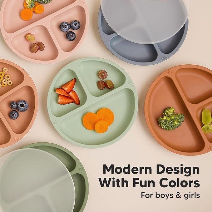 KeaBabies Suction Plates with Lids for Baby - 3-Pack 100% Silicone Toddler Plates with Suction, Divided, BPA-Free Baby Led Weaning Essentials for Kids, Dishwasher, Microwave Safe, Durable (Mellow)