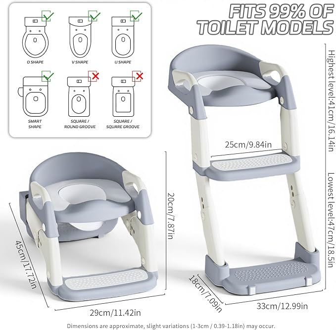 Snugzy Toddler Potty Training Seat 3-in-1 Foldable Potty Training Toilet with Step Stool Adjustable Potty Chair with Urinals (Grey)