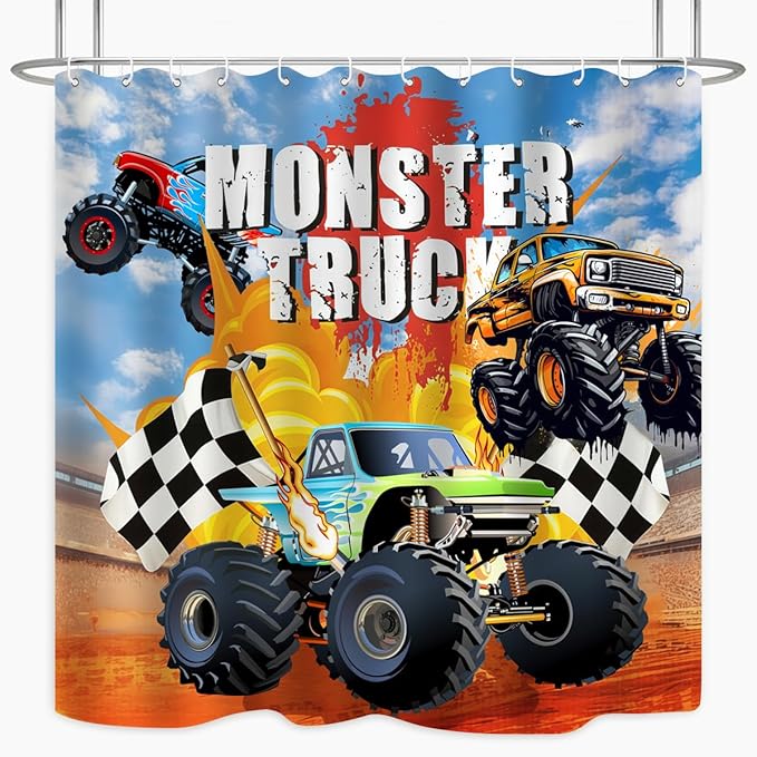 Monster Truck Shower Curtain Cool Cartoon Racing Car Boy Home Bathroom Decor Waterproof Fabric 72Lx72W Inch with Plastic 12PCS Hooks