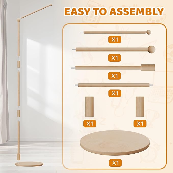 Floor-Standing Crib Mobile Arm,44.5-61 Inches Adjustable Height Natural Beech Wood, Baby Mobile Holder Hanger for Crib/Bassinet/Playpen, Easy Assembly Unisex Nursery Decor