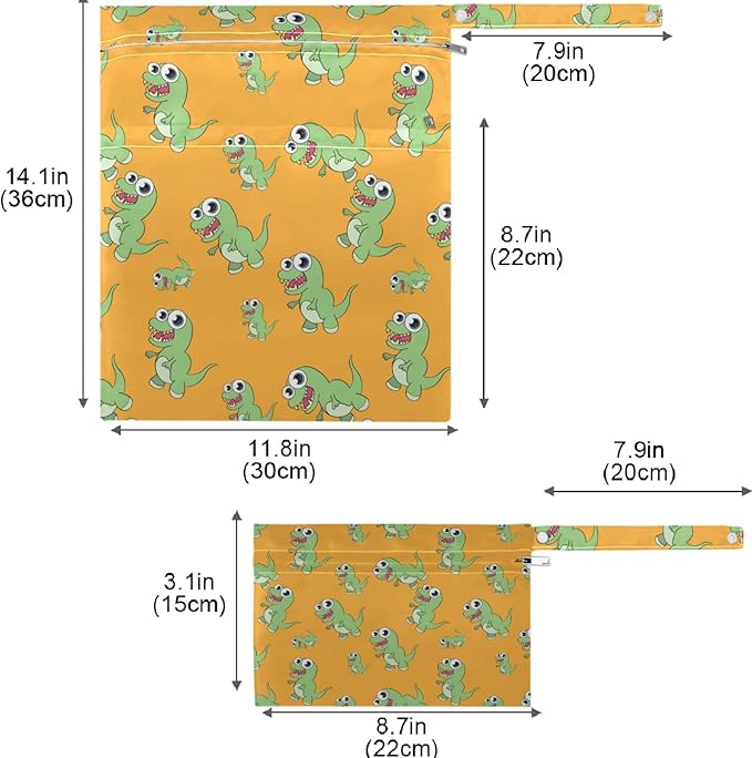 visesunny Funny Cartoon Dinosaur 2Pcs Wet Bag with Zippered Pockets Washable Reusable Roomy for Travel,Beach,Pool,Daycare,Stroller,Diapers,Dirty Gym Clothes, Wet Swimsuits, Toiletries