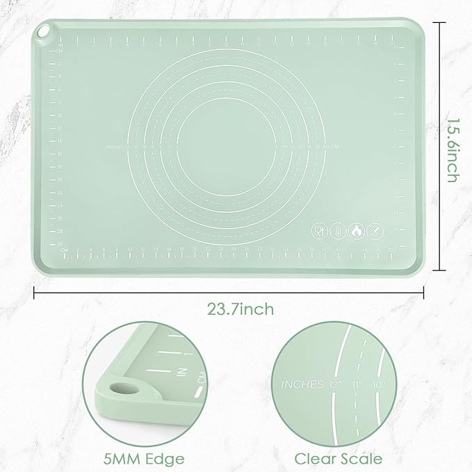 Silicone Pastry Mat, Non Slip Dough Mat with Measurements and Raised Edges, Food Grade Silicone Countertop Baking Mat for Rolling Dough, Kneading Bread, Cookies, Pizza, Pie Crust