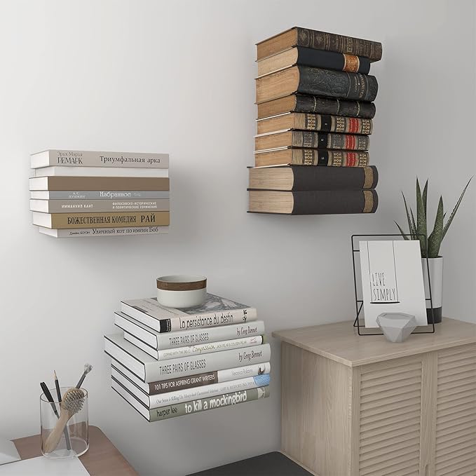 STORAGE MANIAC Floating Book Shelves for Wall Mounted Invisible Floating Bookshelves Heavy-Duty Steel Hidden Bookshelf Hanging Bookshelves for Bedroom Living Room Office, White 4-Pack Large