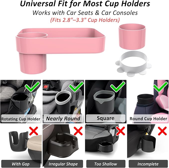 Car Seat Snack Tray for Kids, Mess-Free Square Travel Tray Cup Holder Snack Tray, Durable Car Food Tray for Toddlers, Universal Fit Kids Travel Road Trip Essentials (Pink)