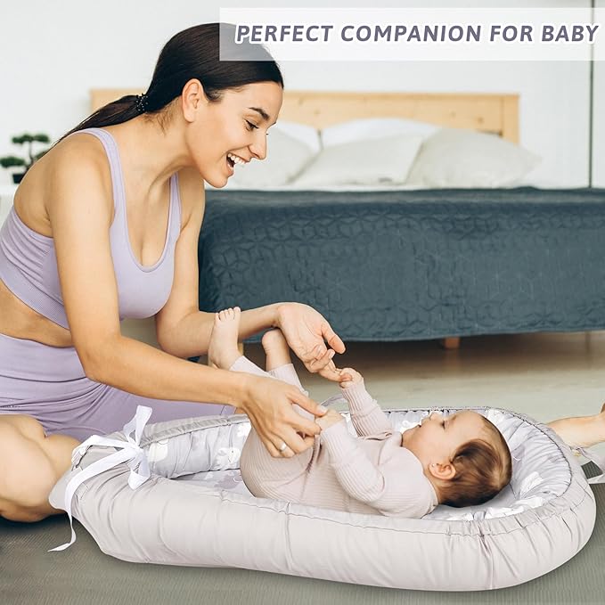 Baby Lounger Replacement Cover, Newborn Lounger cover for 0-12 Months, Breathable & Portable Infant Lounger Case, Soft Baby Floor Seat Cover for Travel, Machine Washable (Cover Only), Grey elephants