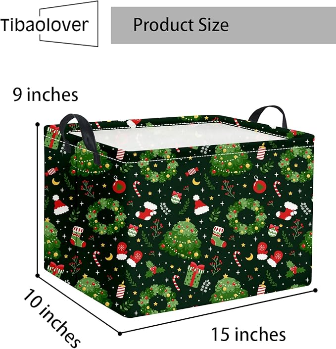 TIBAOLOVER Rectangular Christmas Basket Trick or Treat Spooky Boo Basket with Handles for Women Girls Cute Storage Bin Organizer(Green Christmas)