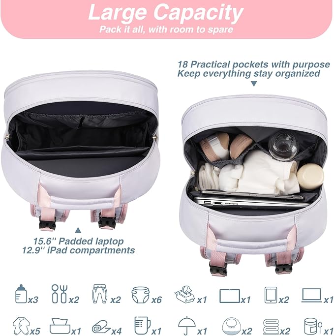 MOMUVO Diaper Bag Backpack, Quilted Baby Bag with Changing Pad and Stroller Straps and Pacifier Case, Multifunction Waterproof Travel Diaper Bags, Unisex