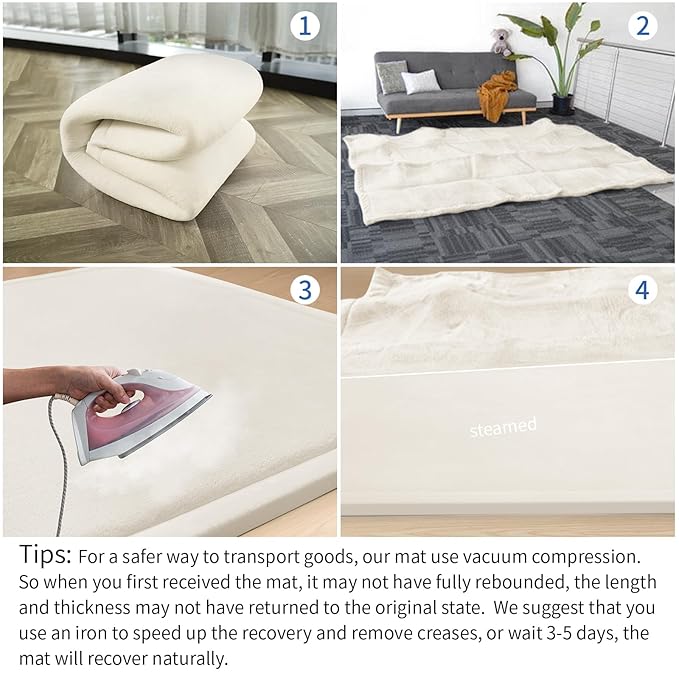 Huloo Sleep Ultra Soft Baby Play Mat for Floor, 1.3" Thick Elasti-Foam 59x59 Play Mat for Playpen,Water-Repellent Coral Velvet for Tummy Time, Non-Slip Backing,Safe for Toddlers & Infants(Cream)