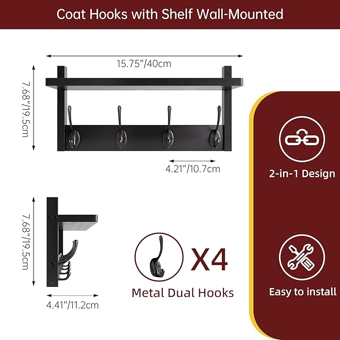 STELLSTAR Coat Rack with Shelf, 2 Pack Bamboo Wall-Mounted Coat Hanger with 8 Hooks for Entryway, Hallway, Kitchen, Bathroom, Living Room, Utility Room (Black)
