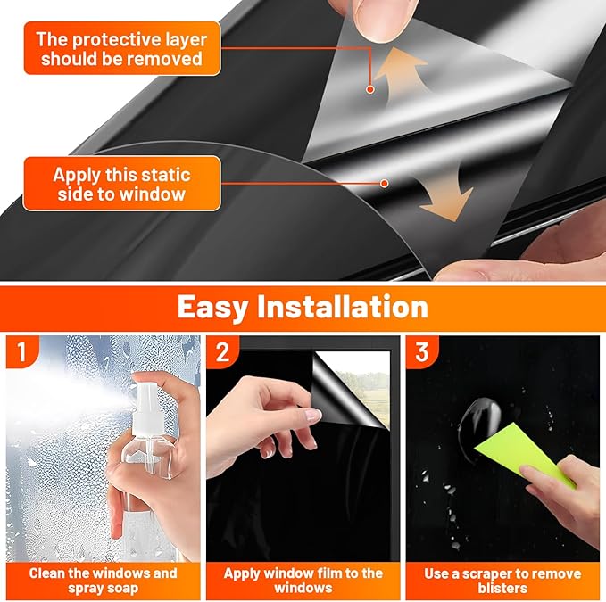 Privacy Window Film Total Blackout Cover, 100% Light Blocking Window Tint Static Cling Sun Blocking Heat Control, Anti UV Scratch Resistant for Home Office (Black, 24in x 6.5ft)