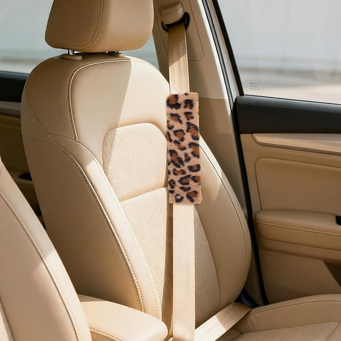 2pcs Cheetah Print Seat Belt Cover Pads, Cute Plush Car Seat Straps Shoulder Cushions Fluffy Soft Leopard Print Seatbelt Protectors Car Accessories for All Cars & Backpack Comfortable Use