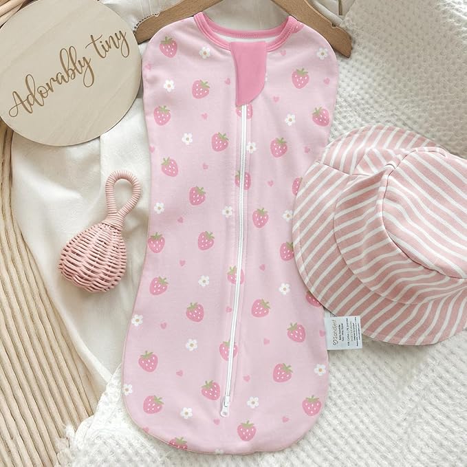 Baby Swaddle 0-2 Months, Cotton Arm-In Zipper Sleep Sack, Wearable Blankets Wrap for Newborn Infant Girls (Strawberry, Heart, Pack of 2)