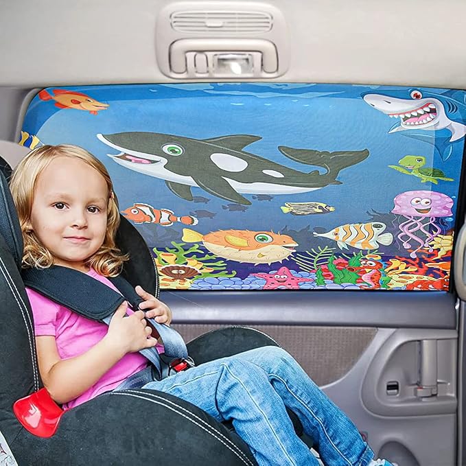 MOVINPE Car Window Shade for Baby, 2-Pack Breathable Mesh Rear Window Screens, Universal Stretchable Sun Shades, Heat and UV Block, Privacy Shield for Toddler Kids Babies (Undersea)