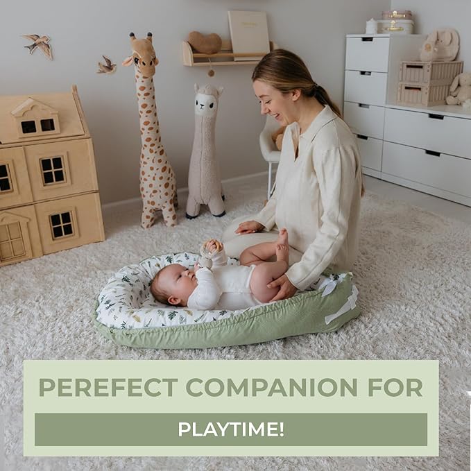 Aila+Aiden Baby Lounger | Organic Cotton Infant Lounger | Reversible, Adjustable & Portable Floor Lounger |Supervised Use | Soft, Breathable, Washable Cover - Star Collection (Sage Leaf)
