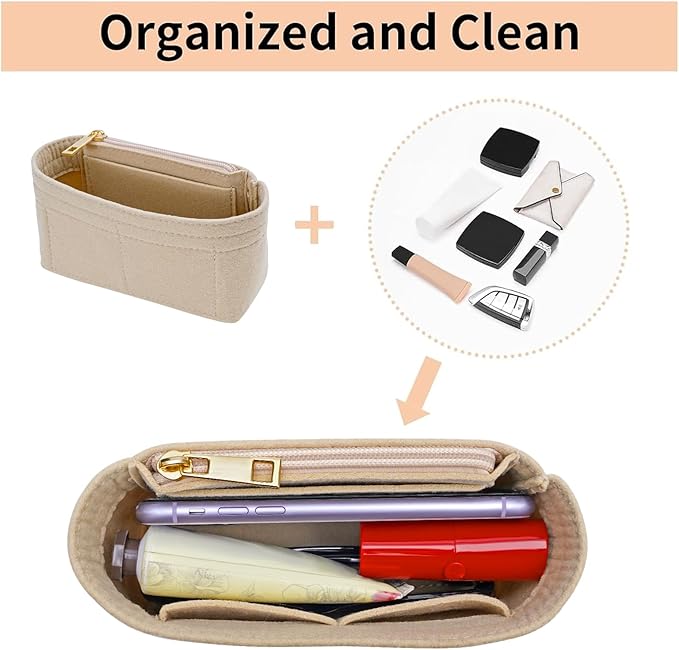 LOUKAYCCI Felt Purse Organizer Insert for Longchamp Mini bag Wihte Zipper Insert (Zipper Beige, Mini)