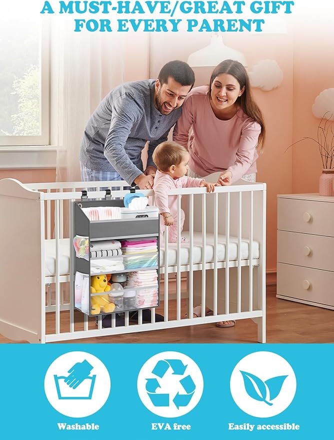 Hanging Diaper Caddy Organizer Crib Organizer–Spacious Baby Girl/Boy Nursery Storage Organizer for Changing Table, Playpen/Wall- Hold 90+ Diaper (Grey)