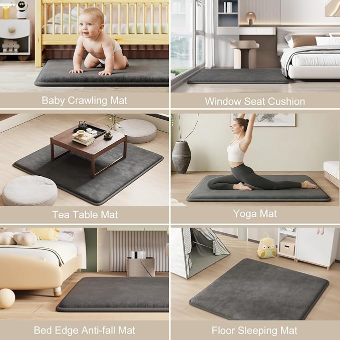 Baby Play Mat for Floor, 1.3" Thick Elasti-Foam Baby Play Mat, 71x59 Playpen Mat for Toddlers Infant Kids, Water Repellent Soft Coral Velvet Crawling Mat for Floor, Non-Slip Backing Safe Dark Grey