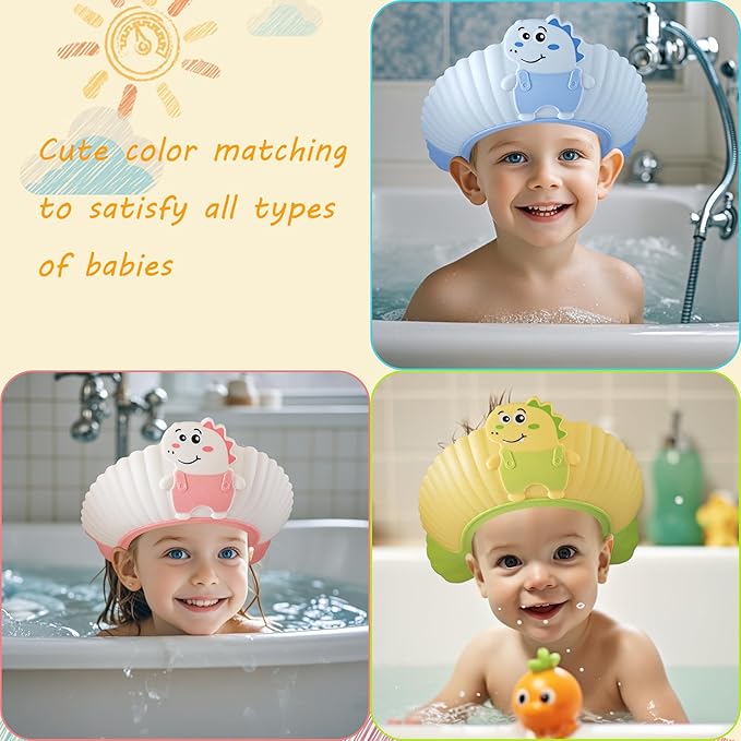 Baby Shower Cap Shield, Shower Cap for Kids, Visor Hat for Eye and Ear Protection for 0-9 Years Old Children, Cute Little Dinosaur Shape Makes The Baby Bath More Fun (Yellow)