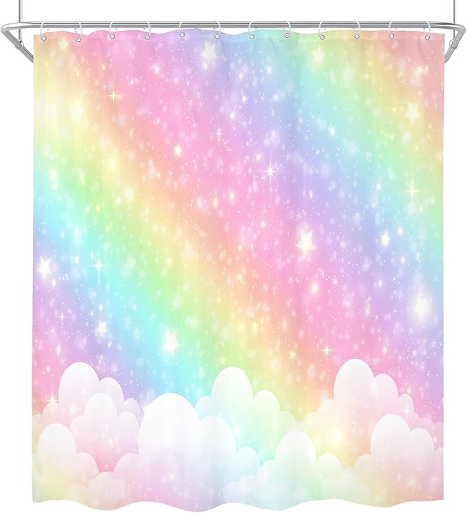 Kids Rainbow Shower Curtain 60Wx72H Girls Pastel Cartoon Cute Colorful Sky Clouds Stars Aesthetic Bathroom Curtain Set Girly Bath Curtain Cloth Fabric Bathroom Accessories Decor with 12 Hooks