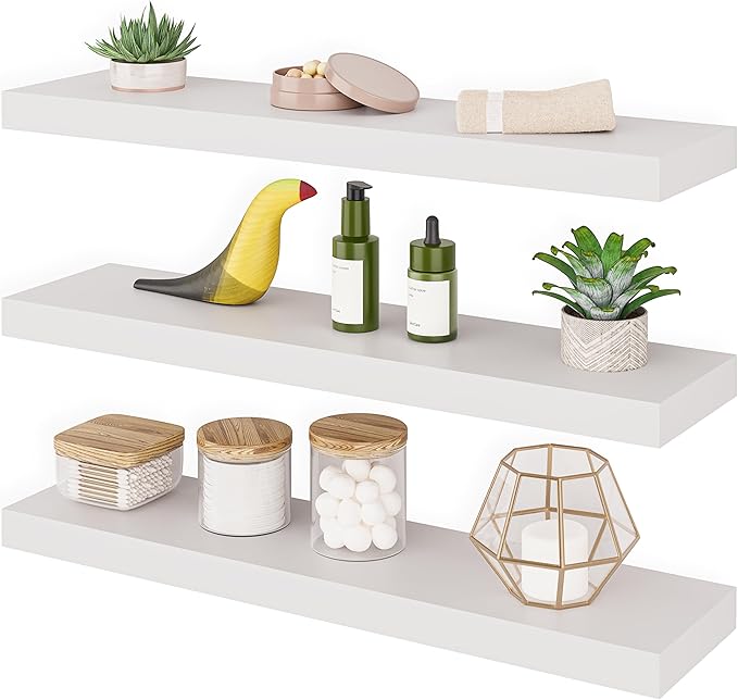 Ballucci Floating Shelves for Wall, 24" Wood Wall Shelf Set of 3, Invisible Brackets Floating Shelf, Decor Living Room, Bathroom, Bedroom, Kitchen, 6" Depth, White