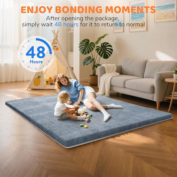 Omzer Baby Play Mat for Floor - 1.3" Thick Foam 47x47 Inch Playpen Mats with Removable & Washable Cover for Tummy Time, Soft Coral Velvet & Non-Slip Crawling Pad for Babies, Toddlers, Infants - Grey