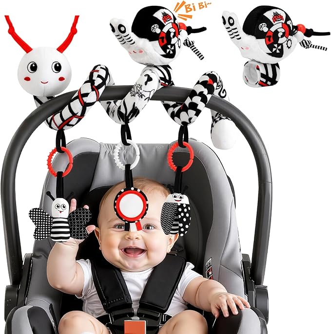 High Contrast Baby Toys for Newborn, Black and White Baby Sensory Toys 0-12 Months with Car Seat Toys & Soft Plush Toy, Activity Hanging Toys Velcro for Stroller Toys Baby Gifts