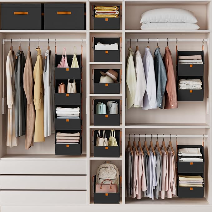 Homsorout Hanging Closet Organizer 4 Tier - Clothes Hanging Shelves, Space-Saving Closet System, Fabric Storage Bins Bedroom Organization, Collapsible Baskets for Home, Dorm, Rv, Black, 2 Pack