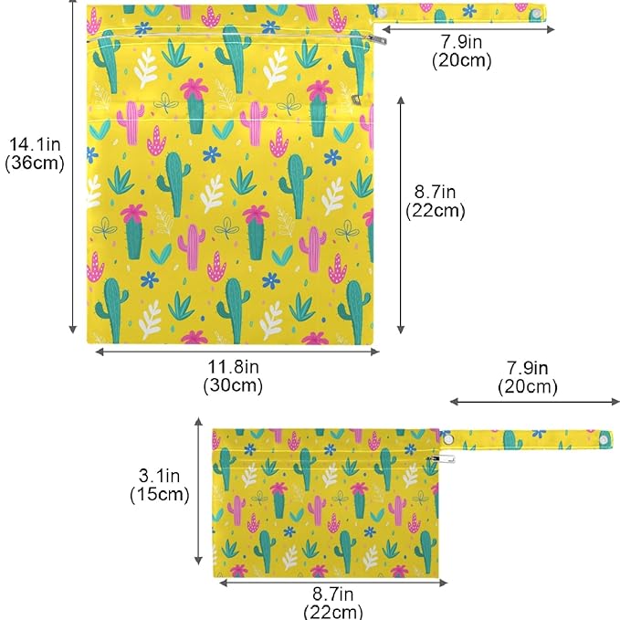 visesunny Colorful Cactus Floral 2Pcs Wet Bag with Zippered Pockets Washable Reusable Roomy for Travel,Beach,Pool,Daycare,Stroller,Diapers,Dirty Gym Clothes, Wet Swimsuits, Toiletries