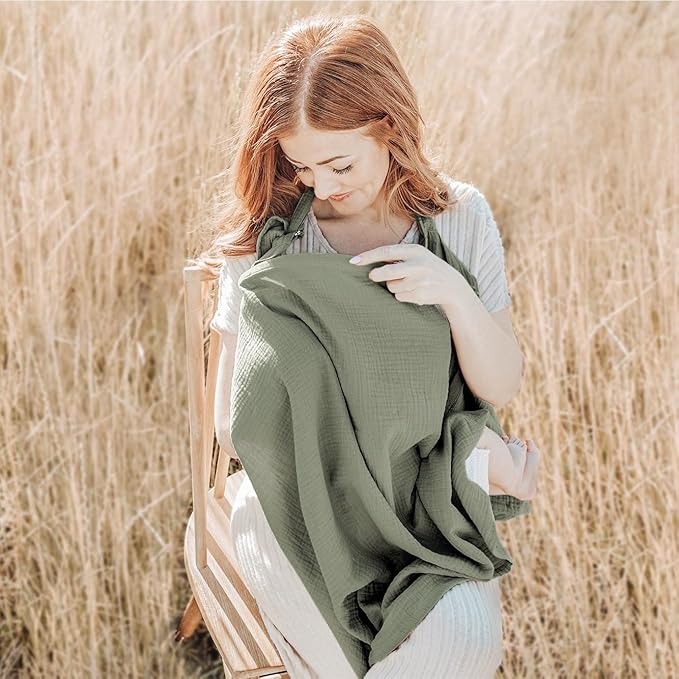 Konssy Muslin Nursing Cover for Baby Breastfeeding, Breathable 100% Cotton Breastfeeding Cover with Rigid Hoop for Mother Nursing Apron, Multi-use Carseat Canopy (Fog Green)
