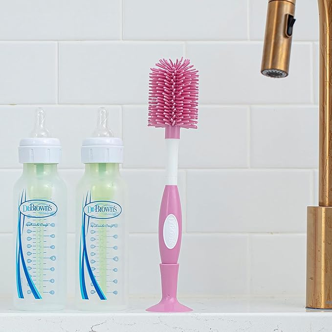 Dr. Brown's Soft Touch No Scratch Baby Bottle Cleaning Brush Nipple Cleaner with Stand and Storage Clip, BPA Free, Pink (Pack of 2)