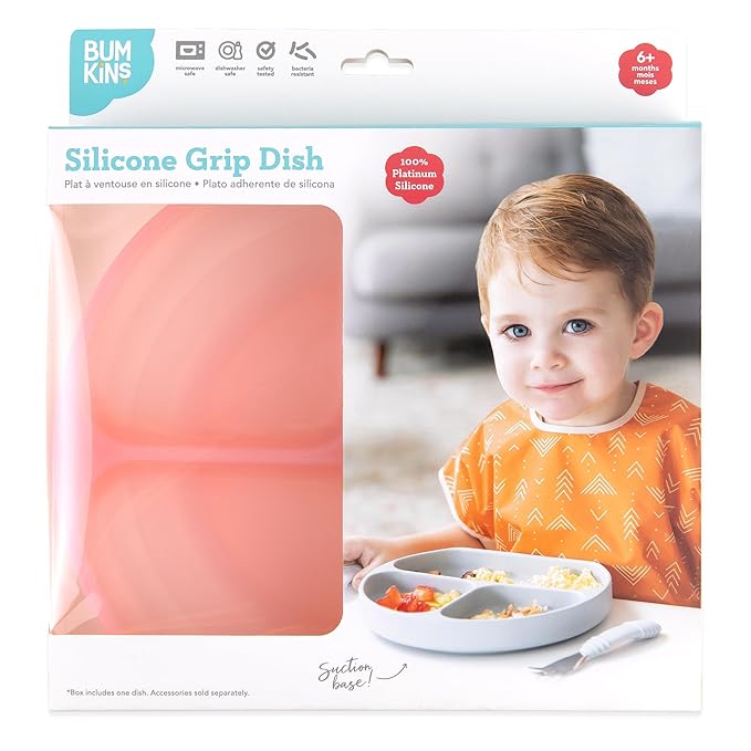 Bumkins Toddler and Baby Suction Plate, Silicone Divided Grip Dish for Babies and Kids, Baby Led Weaning, Children Feeding Supplies, Non Skid Sticky Bottom, Ages 6 Months Up, Pink Jelly