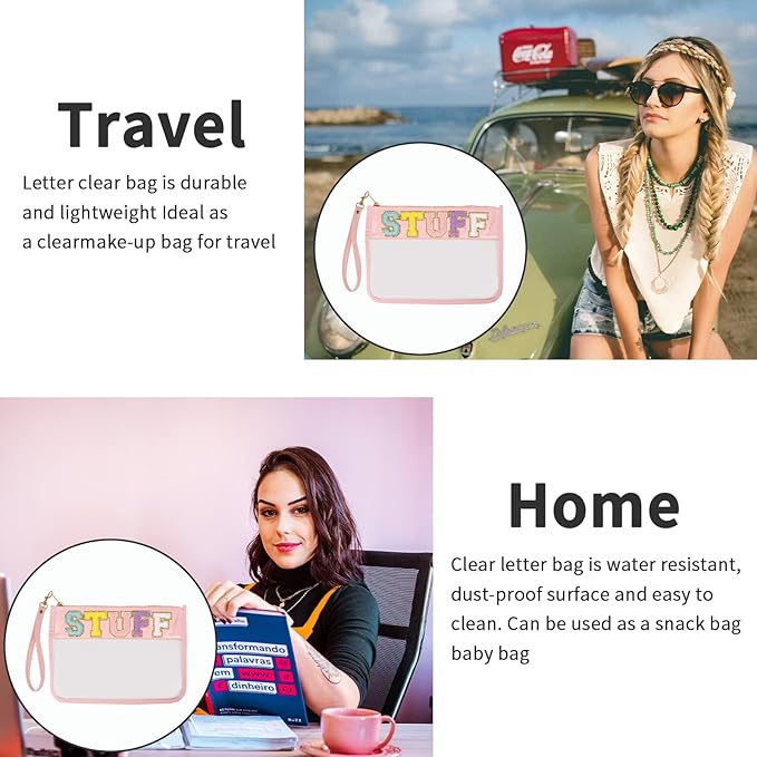 Iqimott Chenille Letter Stuff Bag Clear Flat Pouch, Monogram Glitter Letter Patch Makeup Cosmetic Bag Zipper Toiletry Pouch, Portable Travel Beach Snack Wristlet Bags for Women Girls(Stuff, Pink)