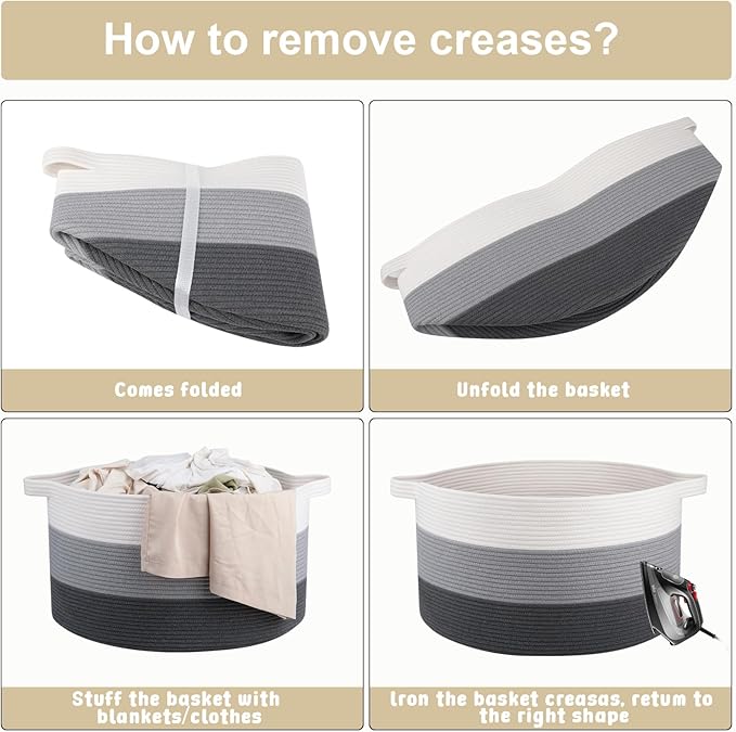 OIAHOMY 90L Blanket Basket for Living Room, Large Basket 23" x 23" x 13" with Handle, Laundry Hamper for Blankets, Pillows, Toy Storage for Kids, Dogs - Gardient Dark Grey