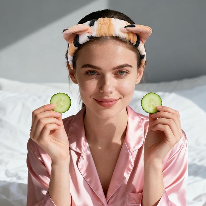 PERFECTSIGHT Spa Headband for Washing Face, 2 Pack Cute Hair Band for Shower Yoga Beauty Skincar Party, Soft Fluffy Makeup Headband, Kawaii Facial Headbands for Woman Girls, Leopard+Yellow Cat Ear