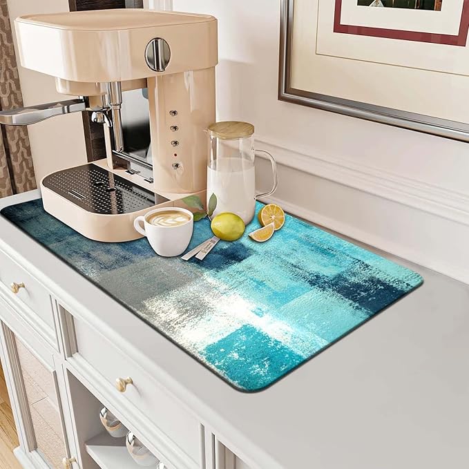 MCALK Turquoise Dish Drying Mat for Kitchen Counter, Teal Dish Drying Pad with Anti-Slip Rubber Base, Absorbent Kitchen Sink Mat with Abstract Art Decor (1 pc 18" x 16")