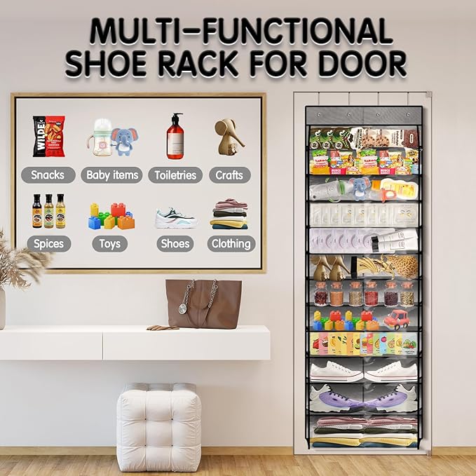 Kotkn Over The Door Shoe Organizer with 12 Large Breathable Pockets - Sturdy Hanging Storage for Shoes of All Ages - Gray