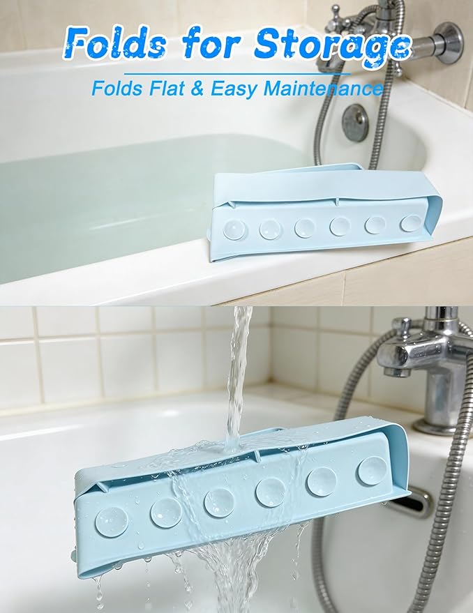 Splash Guard for Bathtub 31.5 Inch Silicone Tub Splash Guard with 11 Suction Cups Foldable Bath Toy Holder & Play Shelf Prevents Water Spills for Standard Tubs (Sky Blue)